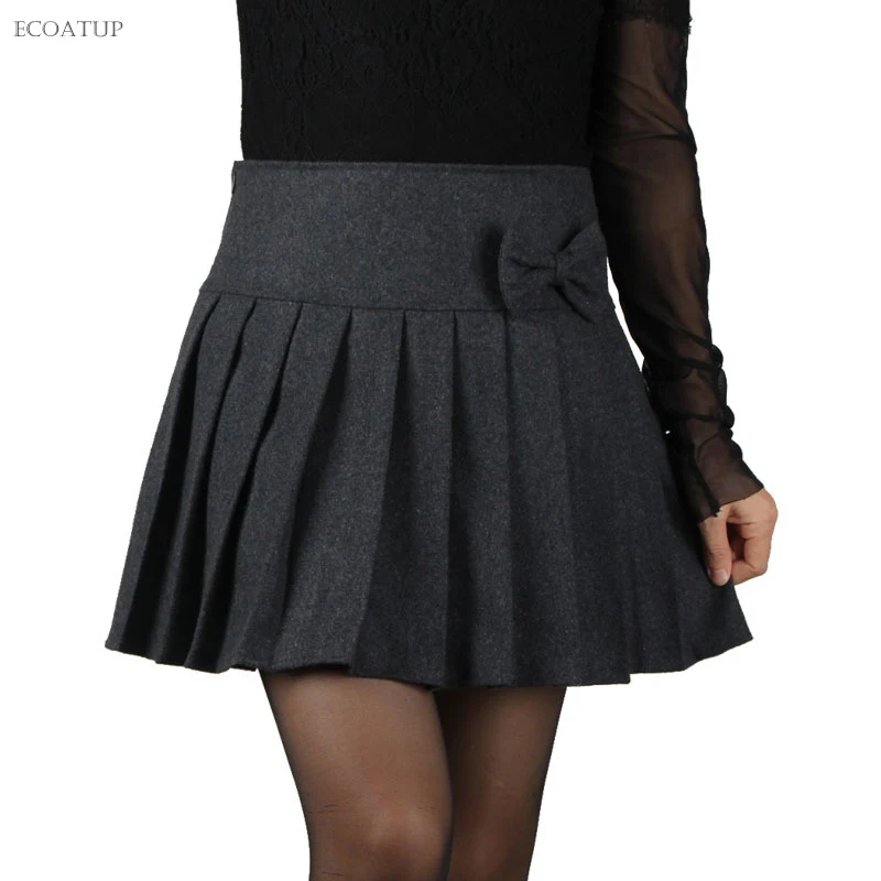 

Plus size Skirt With Bow Autumn Fashion Women Zipper Closed Mini Short Pleated Wool Falda Female Black Grey Winter Skirts