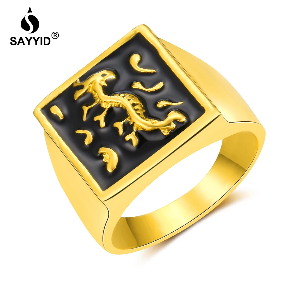 

SAYYID New brand Design Men's Yellow Gold Color Ring 2018 of Dragon Totem Black Dripping Zinc Alloy Declaration Jewelry ring #R6