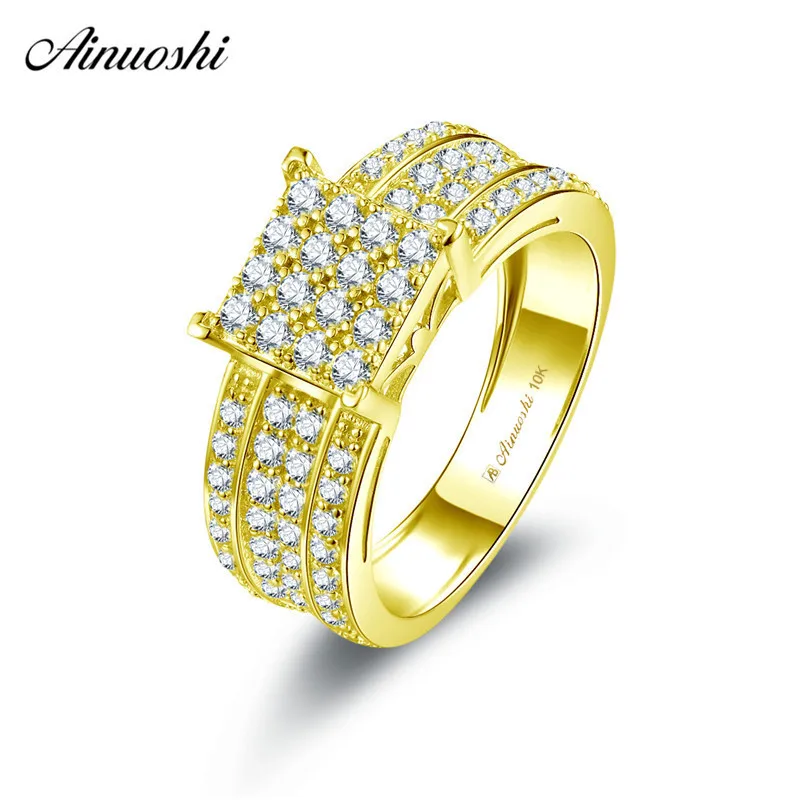 

AINUOSHI 10k Solid Yellow Gold Square Ring Woman Wedding Engagement Bague Bridal Band Anillo 4 Rows Shining SONA Diamond Ring