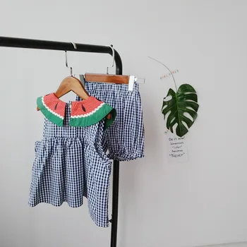 

Children Summer Set Cotton Baby Girls Short Sleeve plaid watermelon blouse T-shirt+ Shorts Infant Set Kids Clothing Set 2pcs