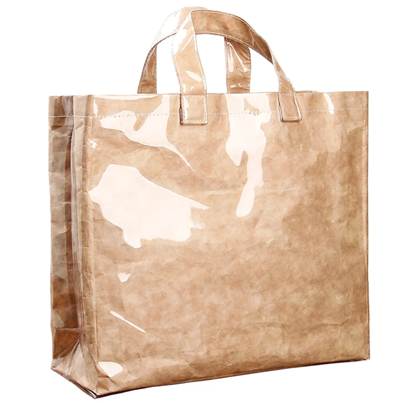 

[Telastar] Transparent Waterproof PVC Jelly Bag Vintage Kraft Paper Tote Bag Casual Shopping Bag Summer Beach Bag Big Capacity