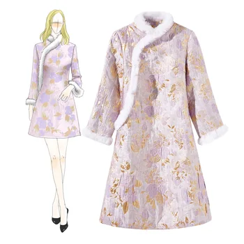 

Winter Warm Ladies Mini Qipao Jacquard Flocking Elegant Evening Party Dress Gown Novelty Long Sleeve Slim Cheongsam Vestidos