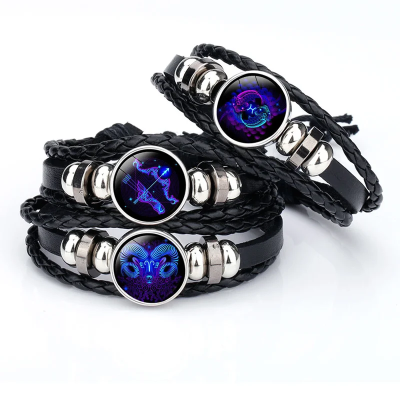 NIUYITID Trendy 12 Constellations Bracelets Men Jewelry Black Leather Braclet For Women Pulseras Man Bracelets Accessories (14)