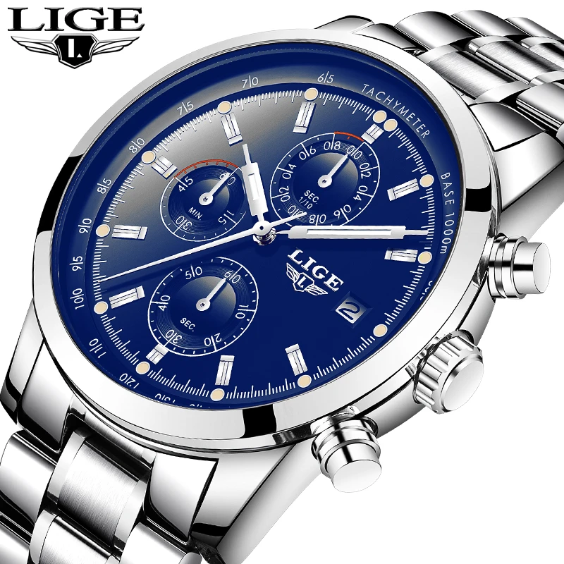 LIGE Watch Men Luxury Brand Fashion Quautz Watches Men's Full Steel Multi-function Military Sport Wristwatch Relogio Masculino