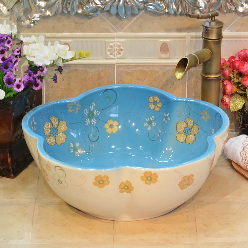 Handmade Primitive Style Porcelain Countertop Lavabo Bathroom Sink Wash Basin flower pattern (1)