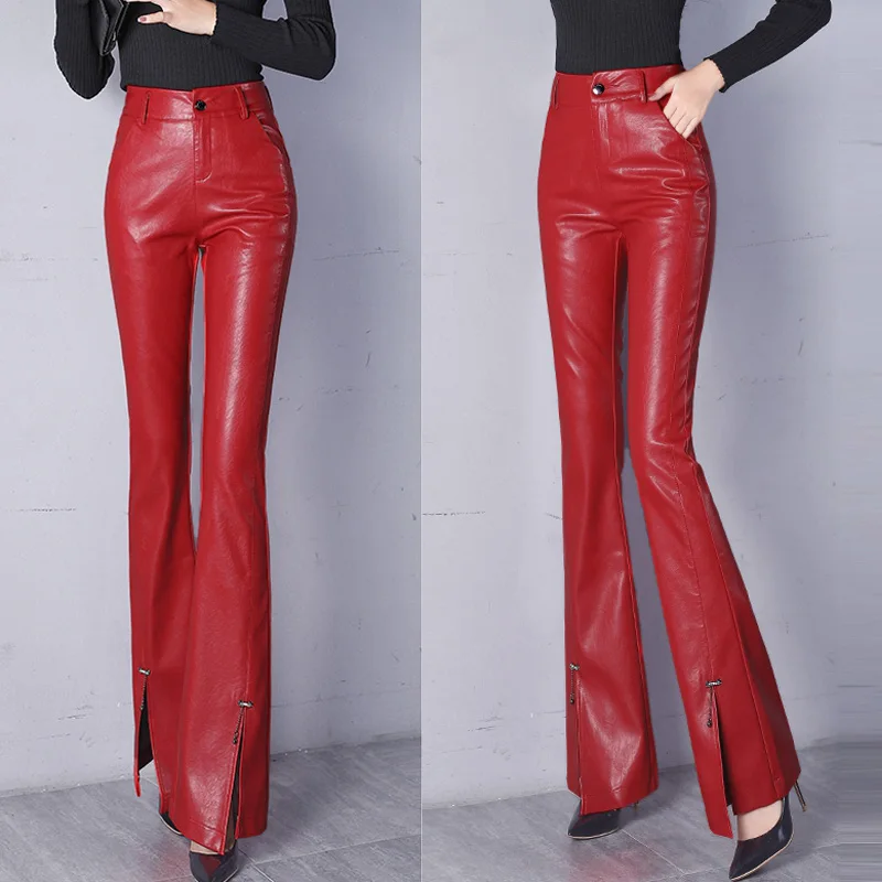 High Waisted Pu Leather Flare Pants 