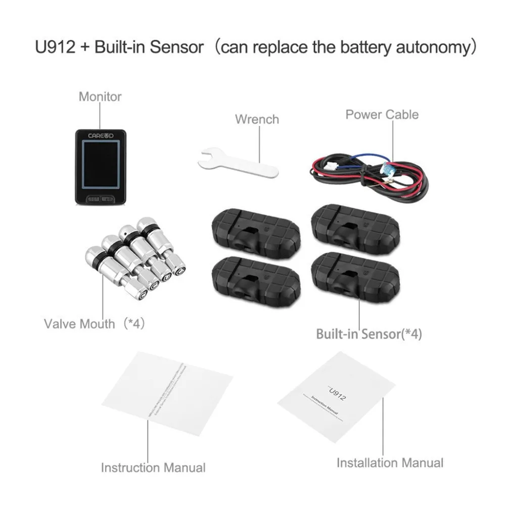 CAREUD U912 TPMS Авто беспроводная система контроля давления в шинах с 4 датчиками ЖК-дисплей Встроенный монитор для Toyota