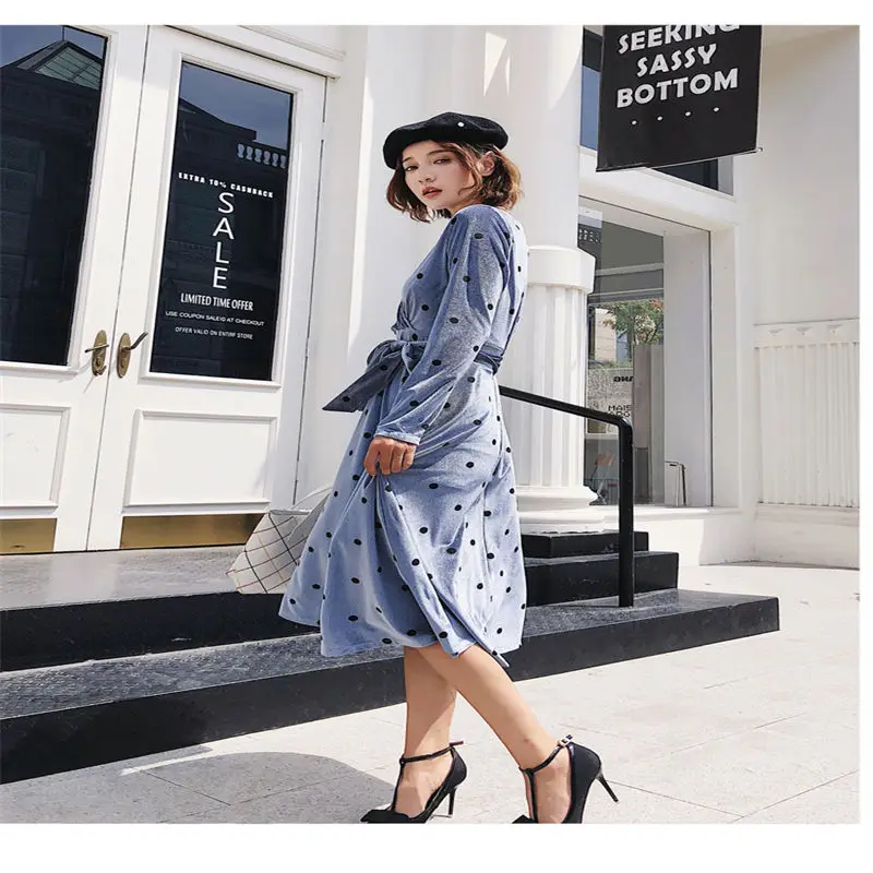 HziriP Women New Elegant Long Shirt Dress 2018 Autumn Dot Long Sleeves Casual Loose Dresses Vacation Mid-Calf V-Neck Collars