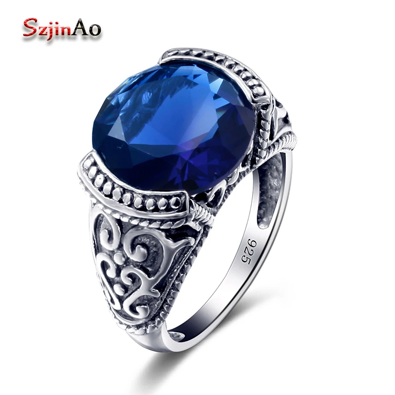 

Szjinao Luxury Fashion Jewelry 13x13mm Sappihre Flower Pattern 925 Sterling Silver Rings For Round Cut Vintage Gift