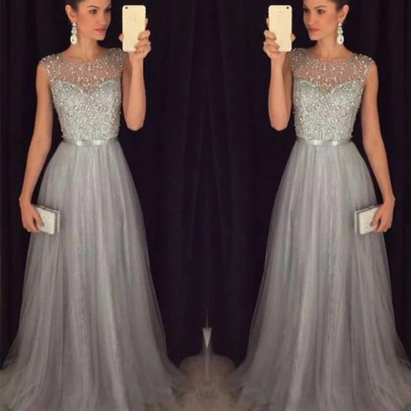 

Women Formal Wedding Bridesmaid Long Floor-Length O-Neck Dress Sleeveless Maxi Empi Party Mesh Dresses