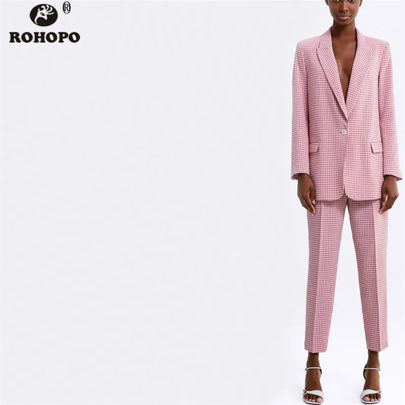 

ROHOPO Women Pink Blazer Autumn Single Button Plaid Slim Office Ladies Vogue Outwear Female Striped Fall Blazers #XZ2004