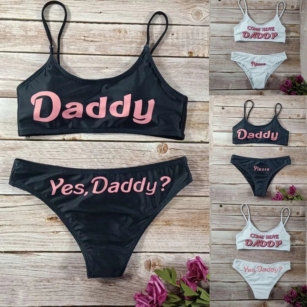 

Fashion 2019 Girl's Letter Print Black White Bikini Push-Up Padded Bra Swimwear Bathing Two Pieces Micro Vest Split Beachwear