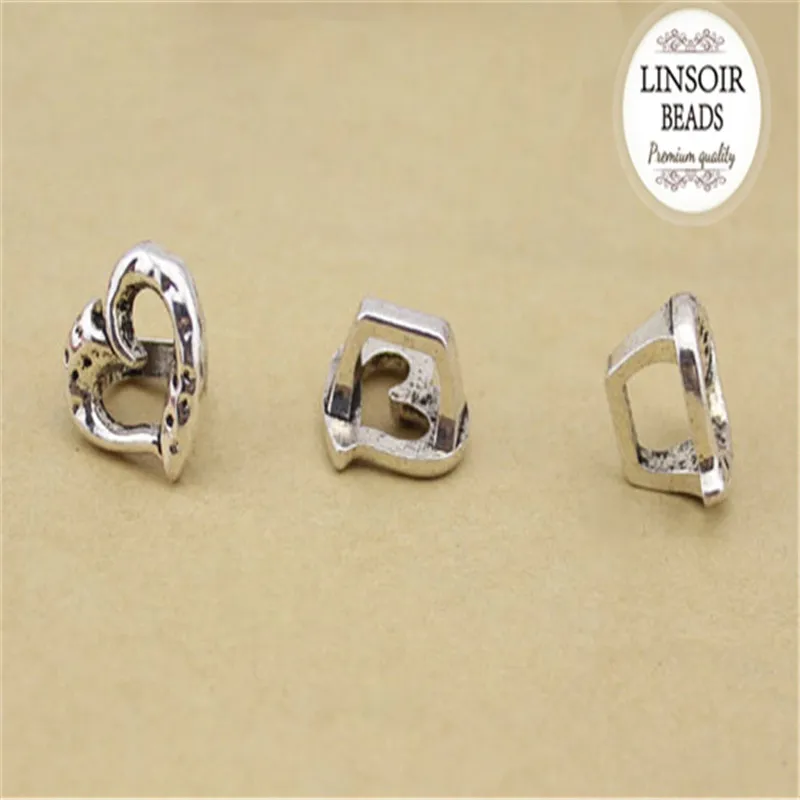 LINSOIR 10pcs Love Heart Charms Beads Fit 7x10mm Leather Cord Antique Sliver Color Big Hole Spacer For Making Jewelry | Украшения и