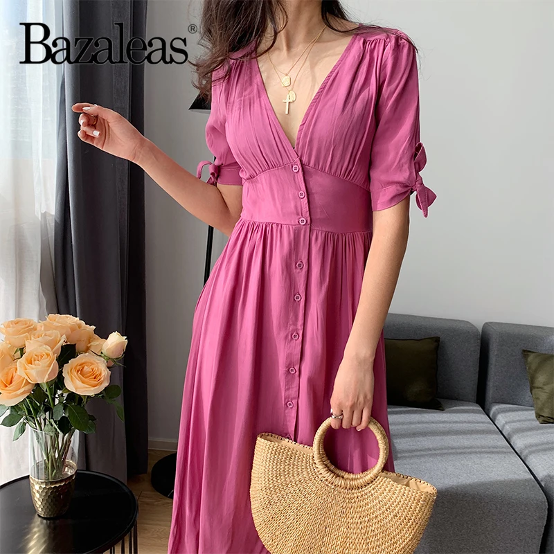 

Bazaleas French Cotton Pink women vestidos Front Center Buttons Women Dresses Holiday Long Dress Casual midi dress drop shipping