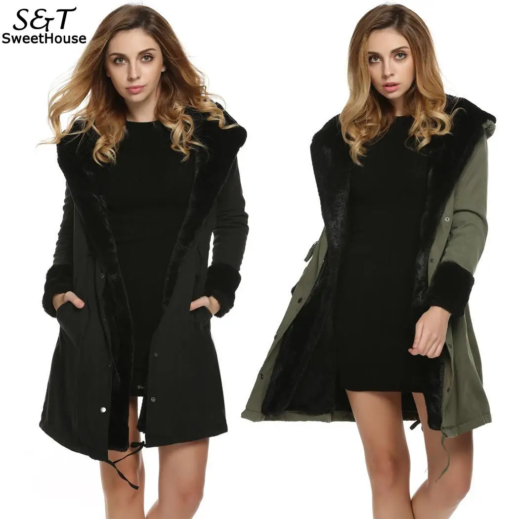 

Women Winter Coats Stylish Hooded Winter Warm Thick Faux Fur Long Coat Parka Outerwear Overcoat Jacket