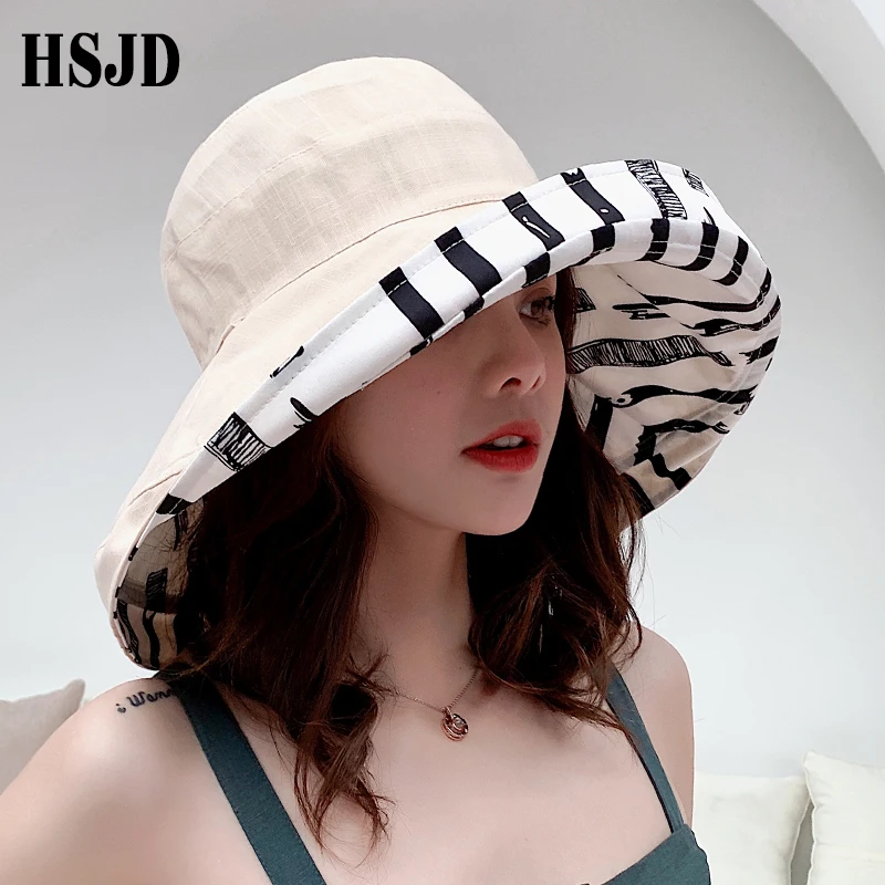 Günstig Zebra Gestreift Sonnenhut Sommer Frauen Doppel seitige Faltbare Baumwolle Leinen Sonne Strand Hüte Große Breite Krempe Sonnencreme Weibliche eimer hut