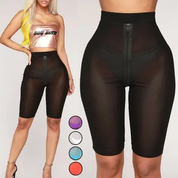 

Womens Mesh Zipper See Through Exercise Tights Gym Yoga Running Short Half Pants Womens Bikini Cover Up Mesh Shorts Beachwwear
