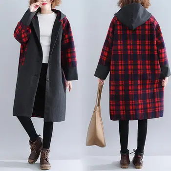 

Fashion Winter Woolen Coat Plaid Patchwork Large Size Women's Blend Jacket Casual Hooded Thicken Windbreaker Long Outwear f1265