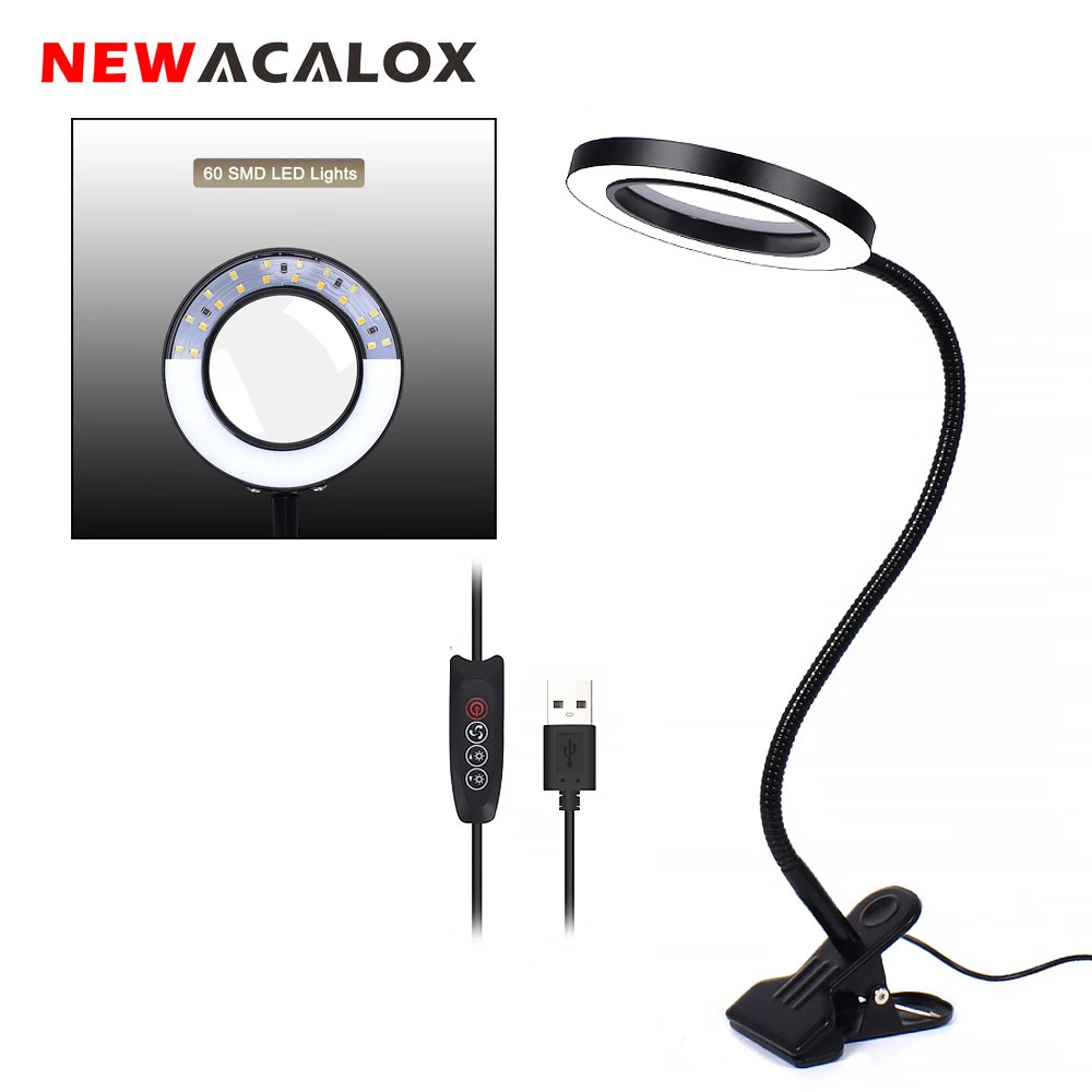 Prix NEWACALOX Flexible 3X 5X USB 3 couleurs lampe loupe Clip on Table Top bureau LED lecture grand objectif lumineux loupe