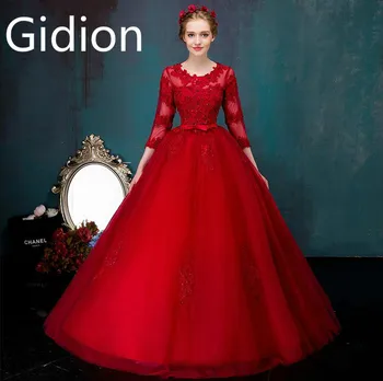 

2017 free shipping red lace appliques ball gown prom dress hollow back sexy 3/4 sleeve gorgeous prom gowns beaded prom dresses