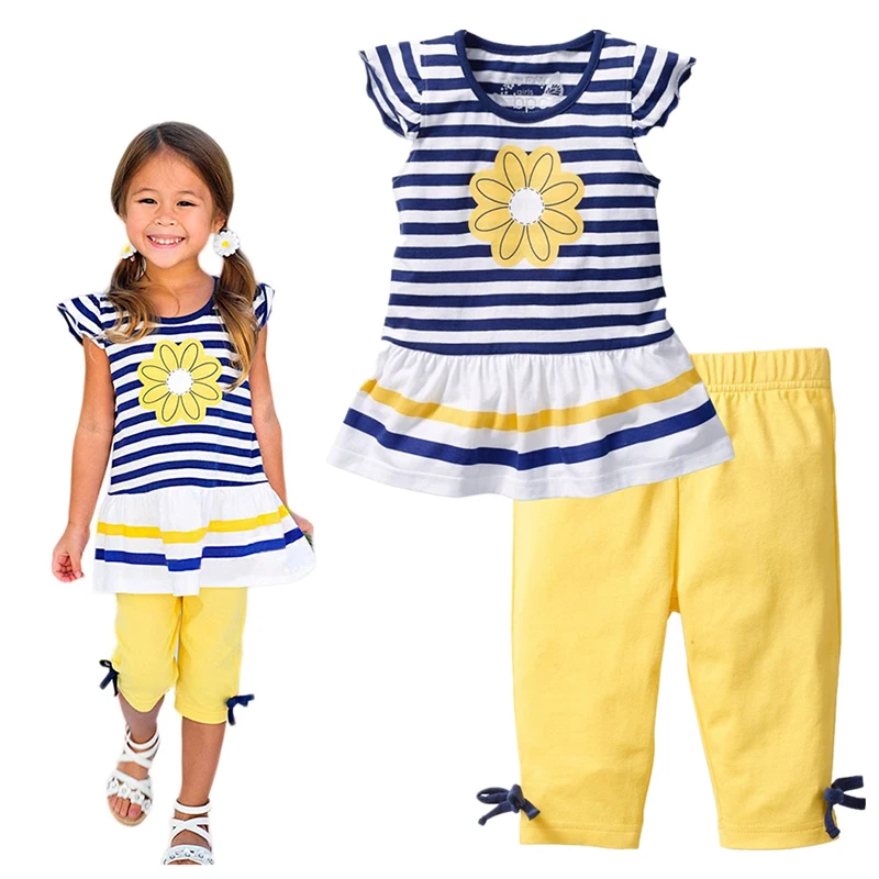 Baby Girl Clothing Set Cotton Flower Kids Clothes Stripe Summer Short Sleeve Children Clothing