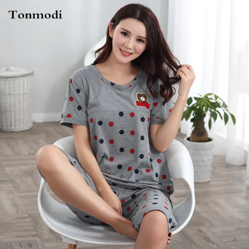 Cotton Pajamas For women Summer Short sleeve Pyjamas Sleepwear Knee