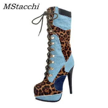 

MStacchi Intention Women Mid-Calf Boots Nice Platform Round Toe Thin Heels Boots Elegant Blue Red Shoes Woman Plus US Size 35-47