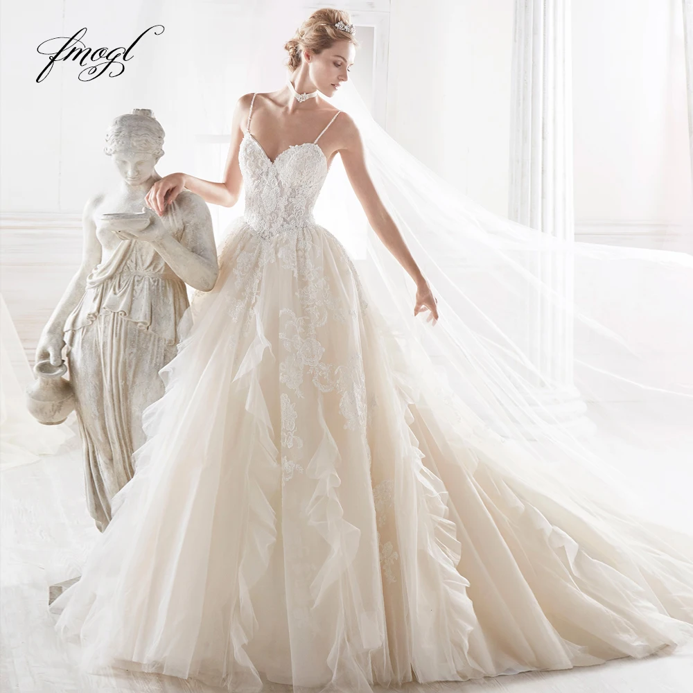Fmogl Vestido De Noiva пикантные свадебное платье с открытой спиной 2019 обтягивающее на бретельках Аппликации Винтаж трапециевидной формы невесты