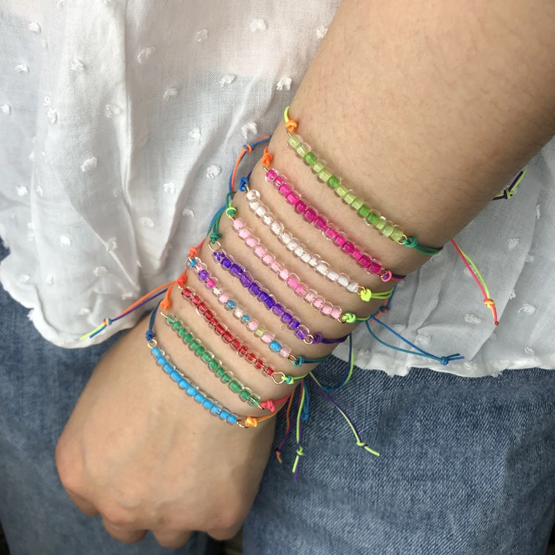 

KBJW 9Colors Fashion Handmade Bracelet Multi-Color Glass Beads Jewelry Rainbow Color Cord Knot Weave Bracelets for Girls/Women