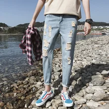 Брендовые новые летние джинсы мужские высококачественные джинсовые штаны-шаровары уличная длина лодыжки отверстие мужские s джинсы повседневные хип хоп мужские брюки