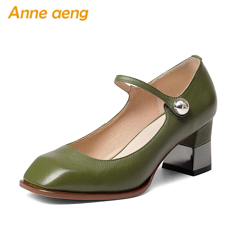 

New Spring/Autumn Genuine Leather Women Pumps High Heels Cow Leather Upper Square Toe Sexy Ladies Women Shoes Green Mary Janes