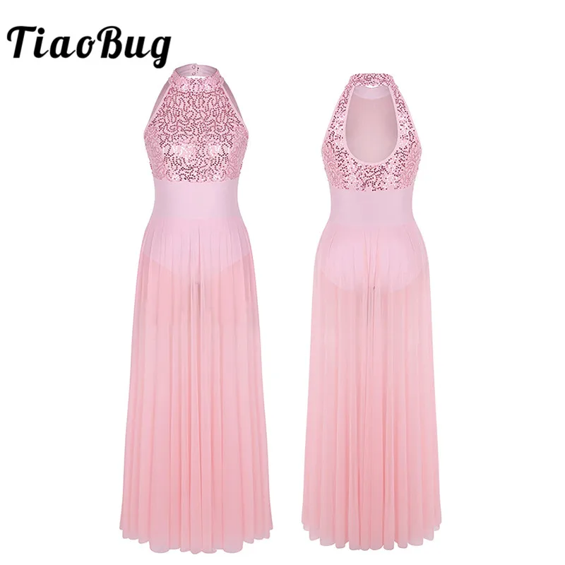 

TiaoBug Women Sequins Stage Performance Lyrical Dance Costumes Ballet Leotard Adult Sleeveless Ballet Tutu Maxi Mesh Dance Dress