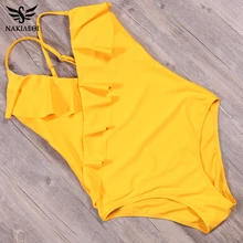 NAKIAEOI Желтый сплошной цельный купальник Falbala V шеи гофрированный сексуальный Монокини женский пляжный купальный костюм Купальники S~ XL