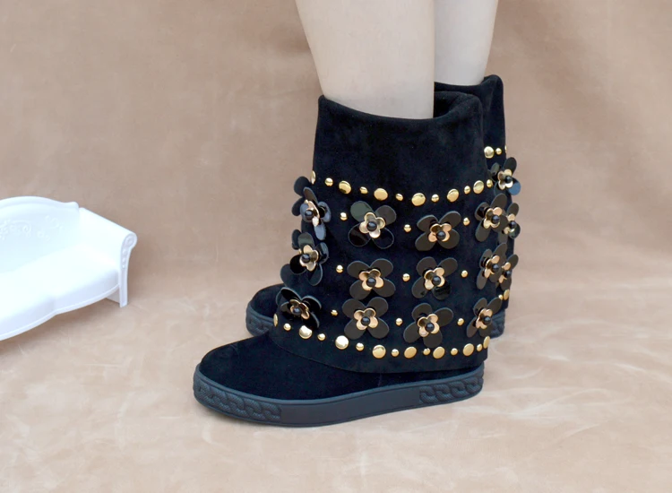 Daim Hauteur Noir Embelli Femmes Cheville Wedge D'hiver Dernière En Bottes Clouté Croissante Pour Floral Caché Svonces qCYwO0f