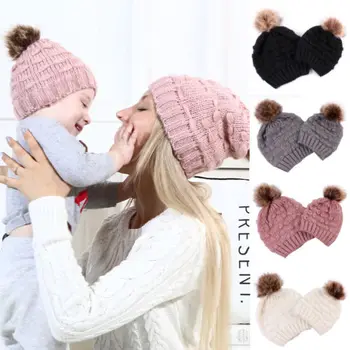 

Mon And Baby Matching Beanie Hat Toddler Women Kids Warm Winter Wool Knit Crochet Ski Cap Hairball New Casual Hot Sale 2018