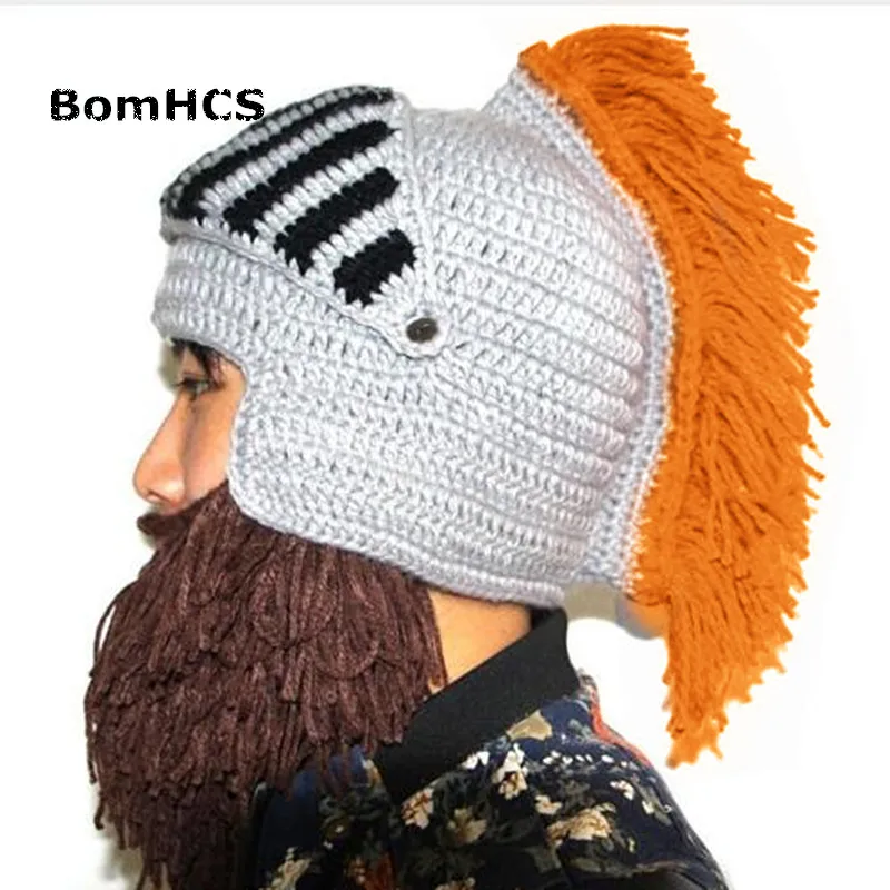 BomHCS забавные зимние теплые шапки с бородой для косплея Римский рыцарь вязаный шлем оригинальные варварские шапочки ручной работы мужские шапки - Цвет: ORANGE TASSEL