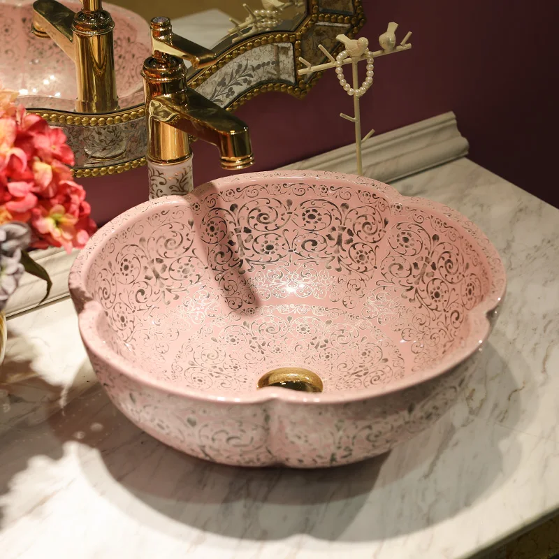 

Chinese Handmade Flower pink Modern Artistic White Vessel Sink Ceramic Bathroom Sink art basin sink