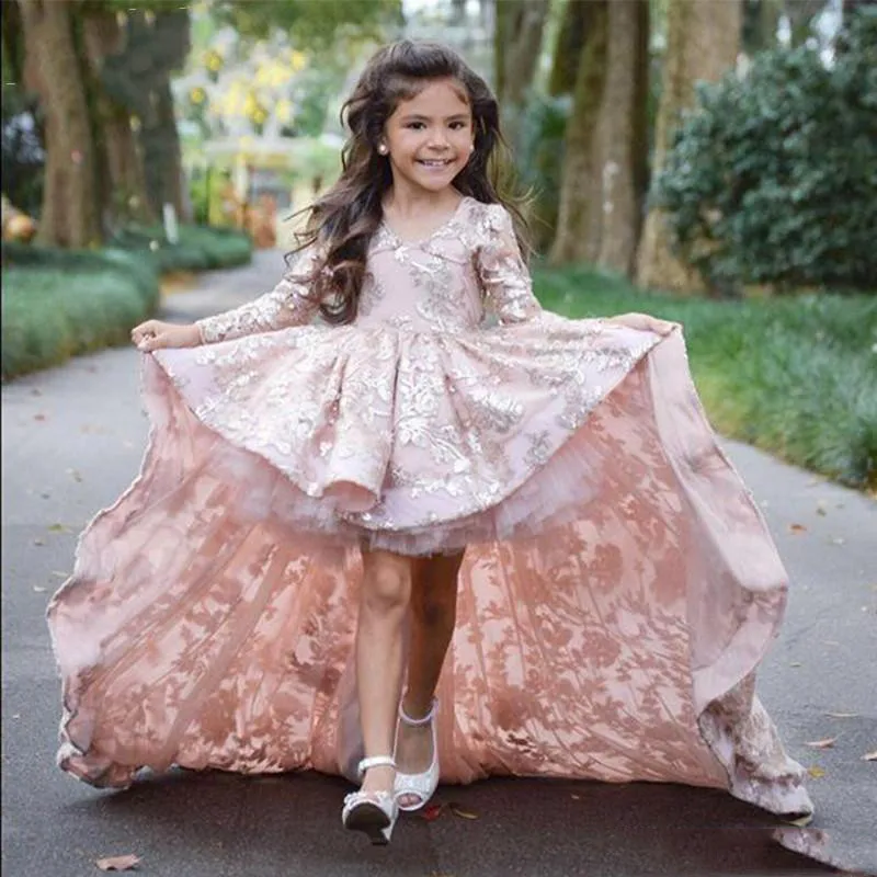 

2017 Pretty Pink Lace Flower Girls Dresses Long Sleeves Communion Dresses High Low Pageant Dresses For Little Girls With Tail