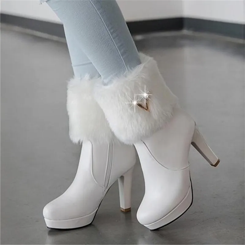 Акция, новые зимние сапоги на высоком каблуке с круглым носком Модные женские сапоги на высоком каблуке с боковой молнией, размеры 34-43