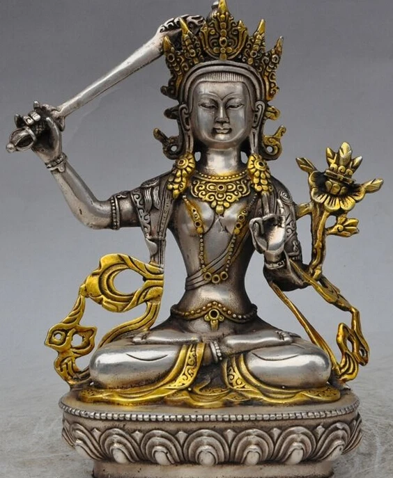 

714++8" tibet buddhism fane silver Manjushri Bodhisattva hold Sword god buddha statue