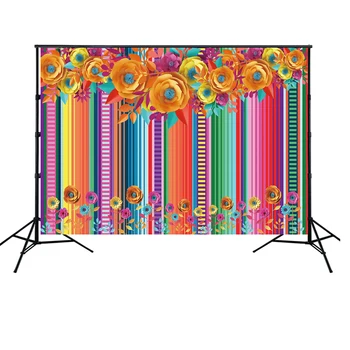 

HUAYI fiesta theme photography backdrop Mexico Colorful Stripes Party photo Background paper flowers cake table decor W-1911