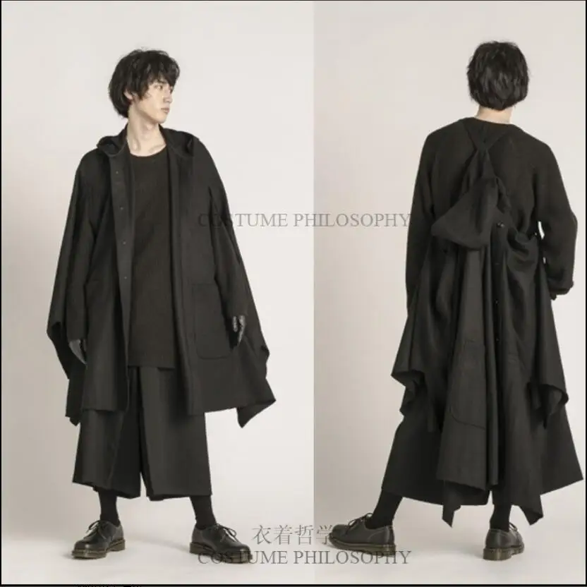 S-6xl Men Woolen Coat Unique Design Men's Cloak Black Trench Super Loose Back-mounted Medium Long Section Autumn And Winter S-6xl Men Woolen Coat Unique Design Men's Cloak Black Trench Super Loose Back-mounted Medium Long Section Autumn And Winter
