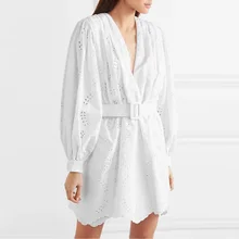 2019 Summer Design Solid White Elegant Women Dress Floral Embroidered V-neck Lantern Sleeve Dress Hollow Out Lace Mini Dress frill trim embroidered lantern sleeve dress