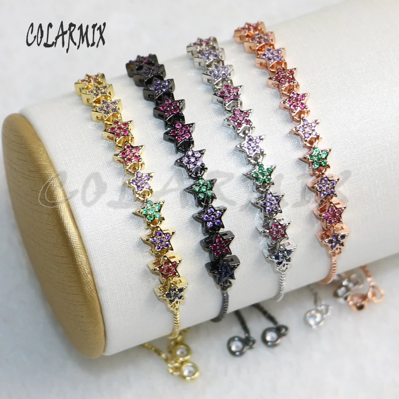 

6 Pcs Colorful zircon Copper star charms Double hoops Rainbow color Crystal pendant jewelry charms for bracelet making 5278