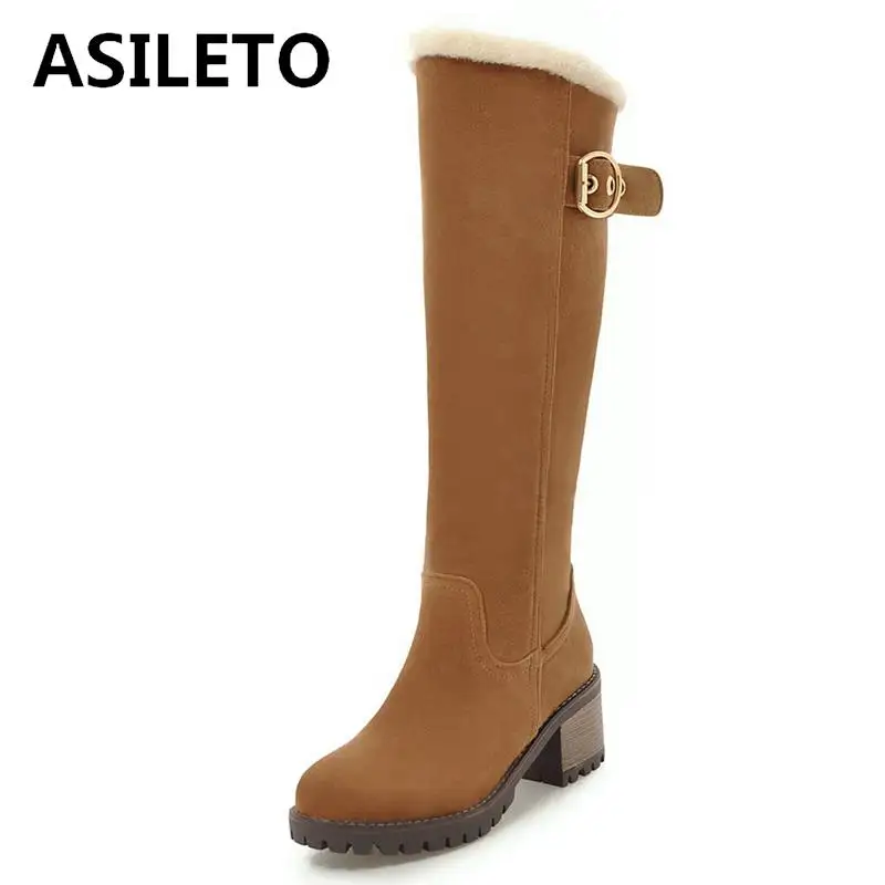 

ASILETO Knee High Boots female snow boots zipper fur suede leather Women Winter shoes thick high heels bootie botas footwear 674