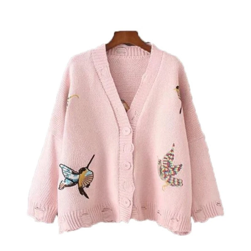 2018 New Fashion Sweater Women Cardigan Embroidery Hole Korean Solid Color Version Loose Thick Sweater Autumn Winter Female Coat
