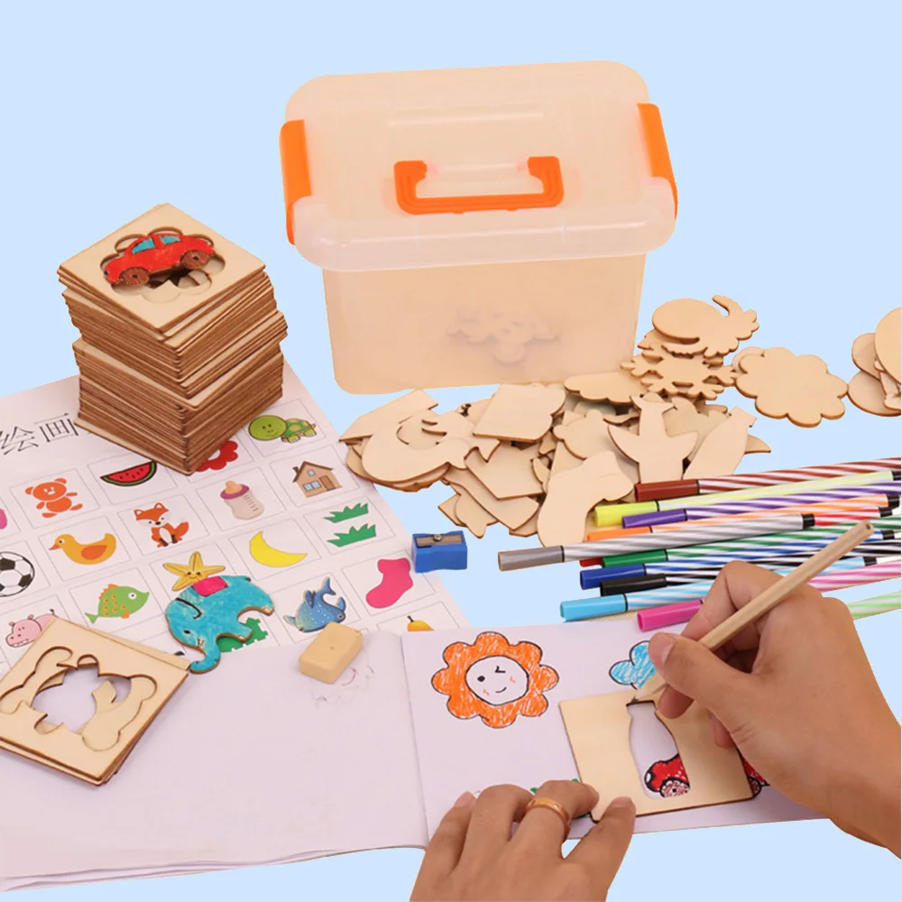 

100Pcs Drawing Toys Children Wooden Animal Models Paint Learning Educational Copying Notebook Creative Templates Coloring Boards
