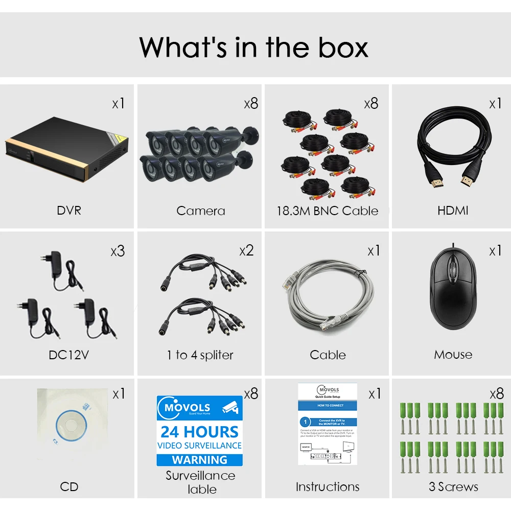MOVOLS 1080P комплект CCTV 8 камера 2mp Открытый водонепроницаемый комплект видеонаблюдения ИК камера безопасности Система видеонаблюдения 8ch DVR комплекты