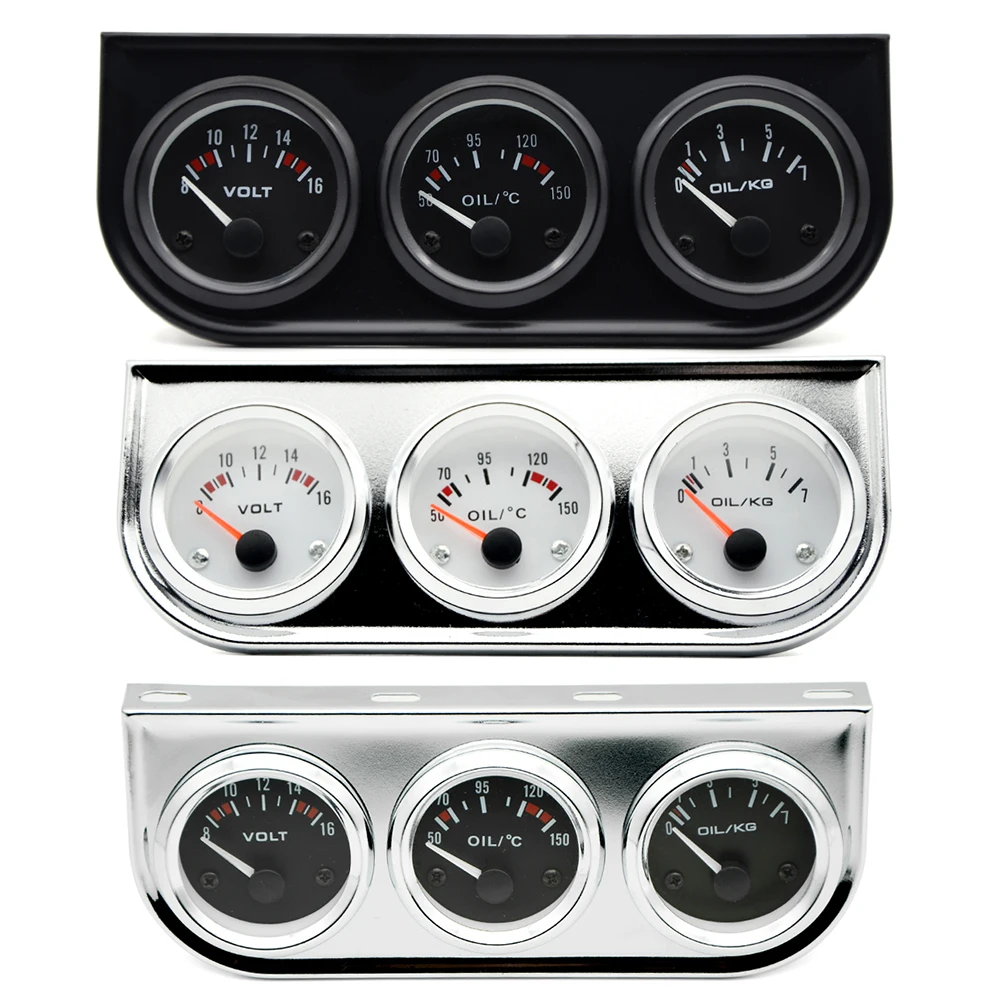 Oil Temp Oil Pressure Volt Gauge 52mm 3 in 1 Triple Gauge Kit Black/Chrome Bezel Black/White Face With Temp&Pressure Sensor