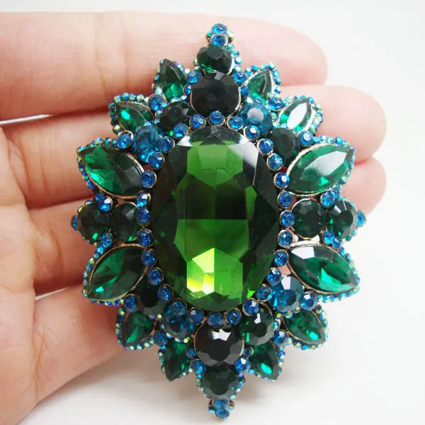 

2.83" Vintage Gold-Tone Green Flower Drop Pendant Brooch Pin Rhinestone Crystal